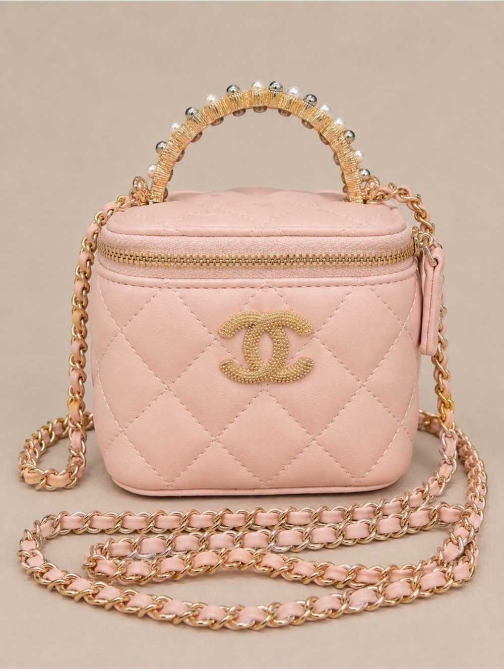 GWP  mini Chanel Quilted Light Pink Crossbody Vanity Bag with Pearl-Trim Handle